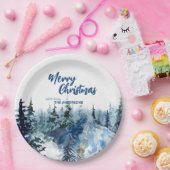 Blauw Modern Vrolijk Kerstbomen bos regenherten Papieren Bordje (Feest)