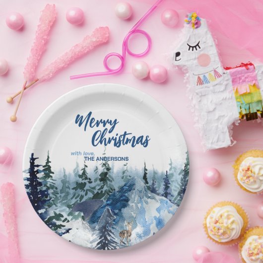 Blauw Modern Vrolijk Kerstbomen bos regenherten Papieren Bordje (Feest)