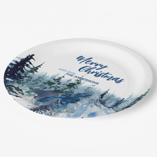 Blauw Modern Vrolijk Kerstbomen bos regenherten Papieren Bordje (Gekanteld)