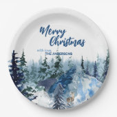 Blauw Modern Vrolijk Kerstbomen bos regenherten Papieren Bordje (Voorkant)
