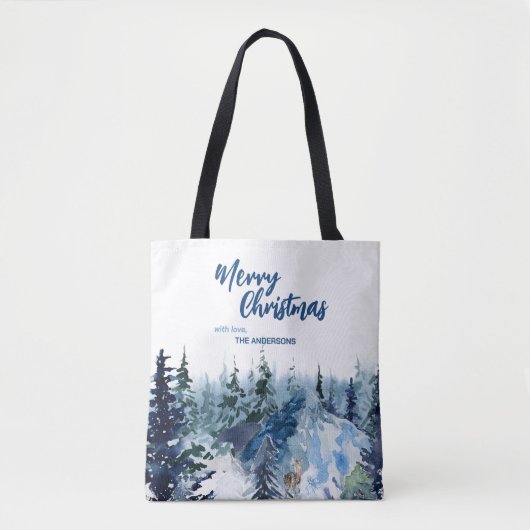 Blauw Modern Vrolijk Kerstbomen bos regenherten Tote Bag (Voorkant)