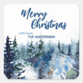 Blauw Modern Vrolijk Kerstbomen bos regenherten Vierkante Sticker (Voorkant)