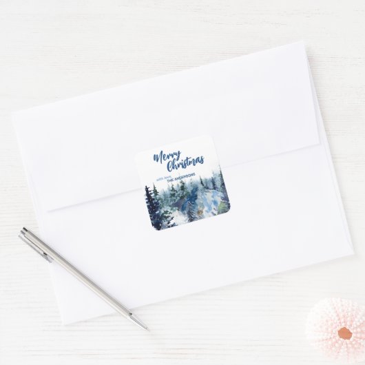 Blauw Modern Vrolijk Kerstbomen bos regenherten Vierkante Sticker (Envelop)