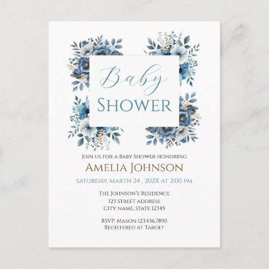 Blauw modern Waterverf Baby shower Briefkaart (Voorkant)