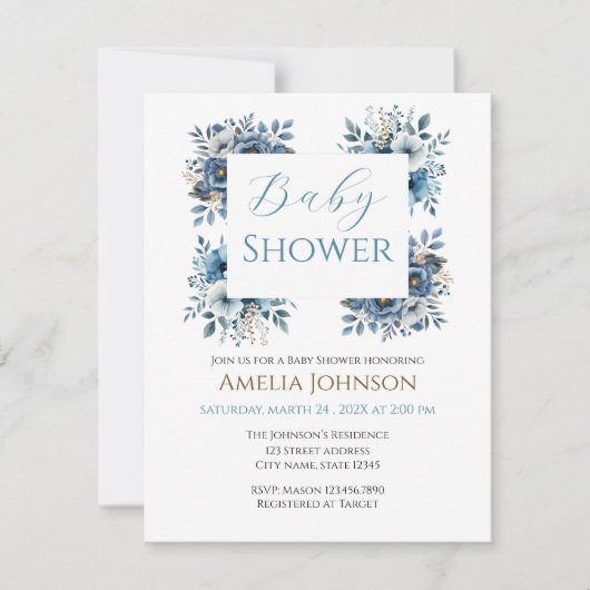 Blauw modern Waterverf Baby shower Kaart (Voorkant)