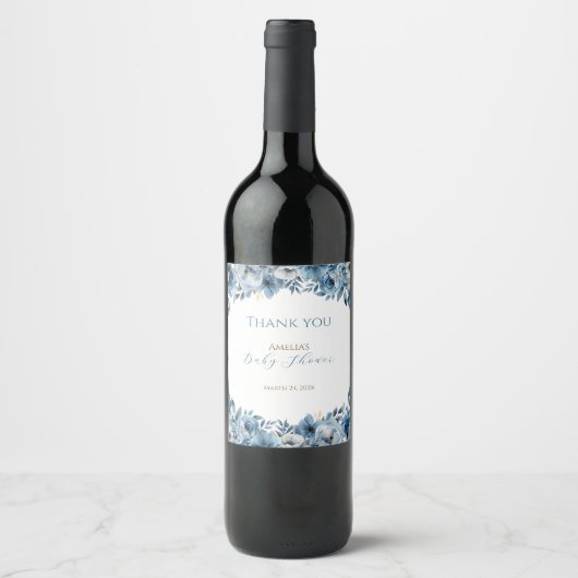 Blauw modern Waterverf Baby shower Wijn Etiket (Voorkant)