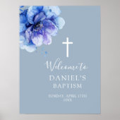 Blauw modern waterverf bloem bord voor de doop poster (Voorkant)