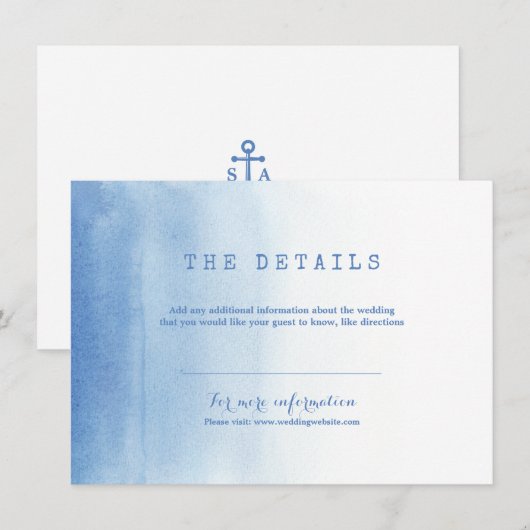 Blauw modern waterverf strand bruiloft detail kaar informatiekaartje (Voorkant / Achterkant)