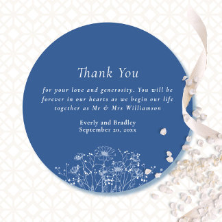 Blauw Modern Wit Wildflower Bruiloft Dank u Ronde Sticker