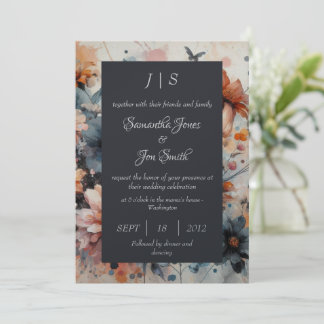 Blauw Moderne bloemenbruiloft uitnodiging