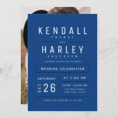 Blauw Moderne Eenvoudige Typografie Foto Bruiloft Kaart (Voorkant / Achterkant)