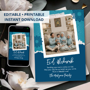 Blauw Moderne Eid Mubarak Fotokaart Scrapbook Stij Feestdagenkaart
