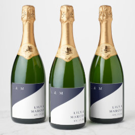 Blauw Moderne Elegante Monogram Trouw Sparkling Wijnetiket