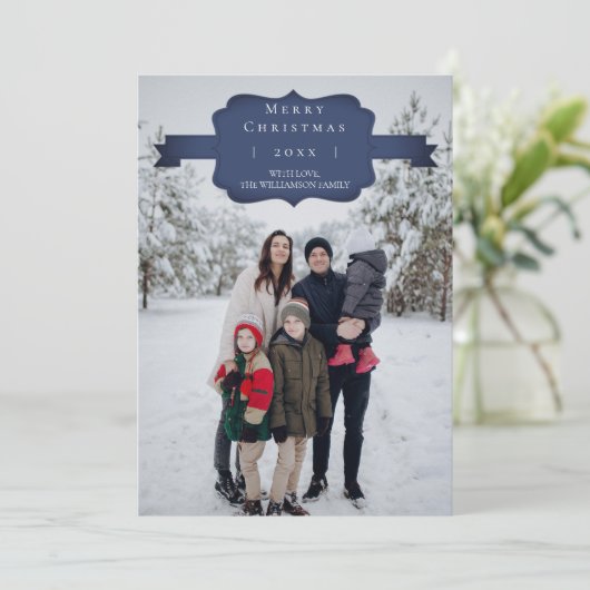 Blauw Moderne en Eenvoudige Kerstmis Fotokaart Feestdagenkaart (Staand voorkant)