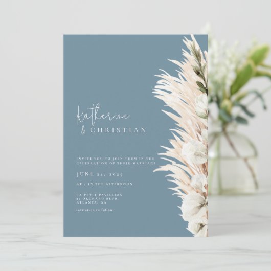 Blauw Moderne Foto Huwelijksuitnodiging met Rustie Kaart (Staand voorkant)