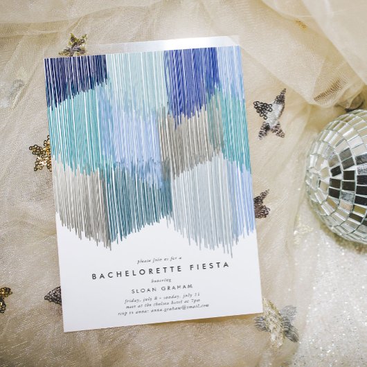 Blauw Moderne Fringe Bachelorette Party Uitnodigin Save The Date
