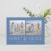 Blauw Moderne Hanukkah Liefde & Licht 2-Foto Feestdagenkaart (Staand voorkant)