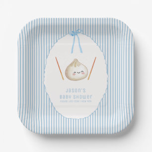 Blauw Moderne Jongens Boog Aziatische Dumpling Bab Papieren Bordje