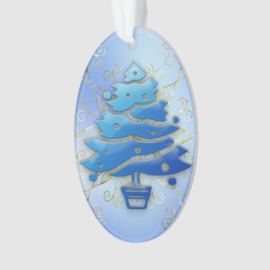 Blauw Moderne Kerstboom op Blauw Ornament (voorkant)