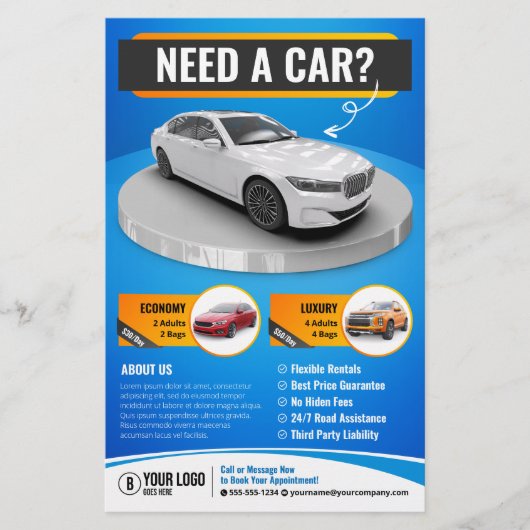 Blauw Moderne Luxe Autoverhuur Auto Huren Flyer (Voorkant)