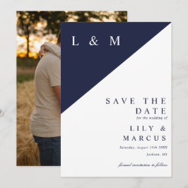 Blauw Moderne Minimalistische Monogram Trouwfoto Save The Date