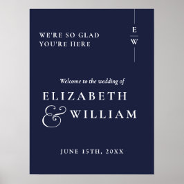Blauw Moderne Monogram Huwelijks Welkom Bord Poster