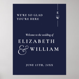 Blauw Moderne Monogram Huwelijks Welkom Bord Poster