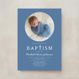 Blauw Moderne Religieuze Kruis Foto Jongens Doop Kaart