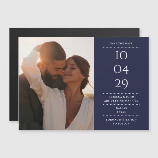Blauw Moderne Trouwfoto Save The Date Magnetische Uitnodiging (Voorkant / Achterkant)