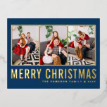Blauw Moderne Typografie Fotocollage Kerstmis Folie Feestdagen Briefkaart<br><div class="desc">vrolijk kerstfeest! Stuur warme wensen naar je familie en vrienden met dit aanpasbare kerst fotocollage briefkaart. Het is een moderne,  eenvoudige typografie. Personaliseer door drie foto's,  namen,  jaar en andere details toe te voegen. Dit gouden folie briefkaart is verkrijgbaar in andere kleuren en karton.</div>