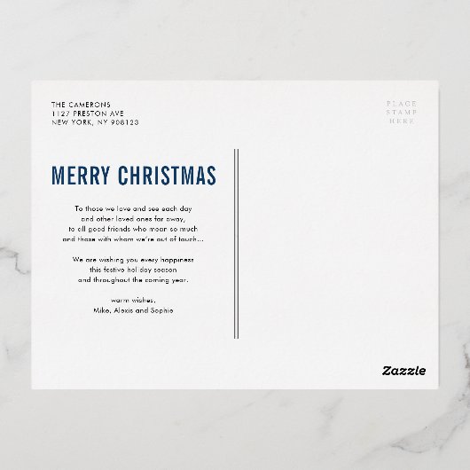 Blauw Moderne Typografie Fotocollage Kerstmis Folie Feestdagen Briefkaart (Achterkant)