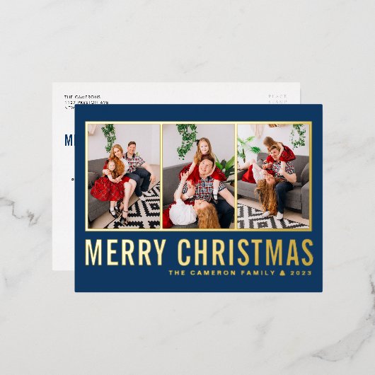 Blauw Moderne Typografie Fotocollage Kerstmis Folie Feestdagen Briefkaart (Voorkant / Achterkant)