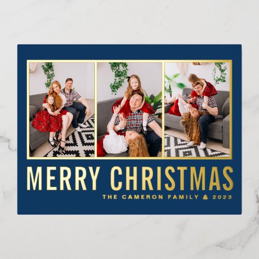Blauw Moderne Typografie Fotocollage Kerstmis Folie Feestdagen Briefkaart (Voorkant)
