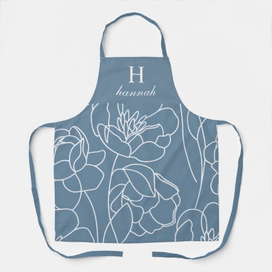 Blauw Moderne Wilde Bloem Custom Monogram Naam Sch Schort (Voorkant)