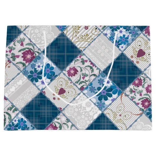 Blauw modieus rustiek patroon van stoffenresten groot cadeauzakje (Voorkant)