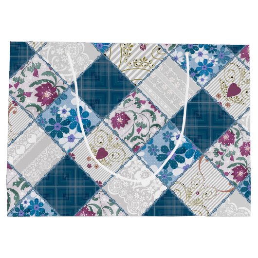 Blauw modieus rustiek patroon van stoffenresten groot cadeauzakje (Achterkant)