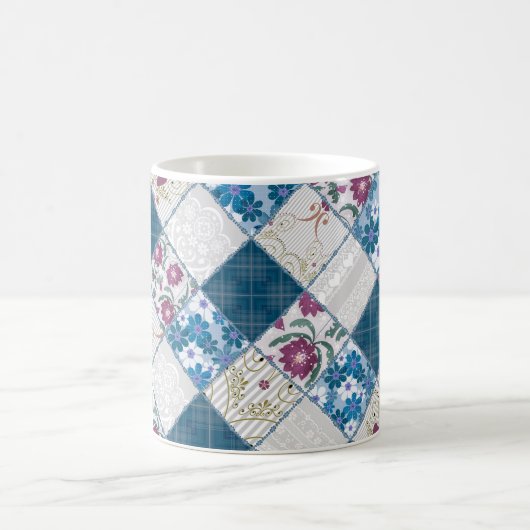 Blauw modieus rustiek patroon van stoffenresten koffiemok (Center)