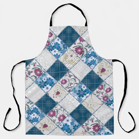 Blauw modieus rustiek patroon van stoffenresten schort (Voorkant)