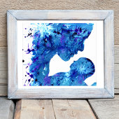 Blauw Moeder & Kind Watercolor Abstracte Kunst Poster