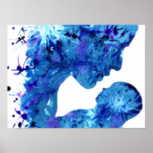 Blauw Moeder & Kind Watercolor Abstracte Kunst Poster