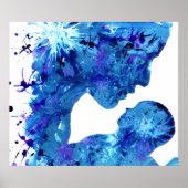Blauw Moeder & Kind Waterverf Abstracte Kunst Poster (Voorkant)