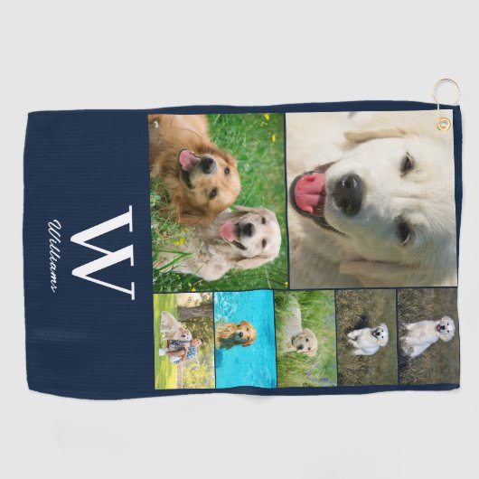 Blauw Monogram 7 Fotocollage Golfhanddoek (Horizontaal)