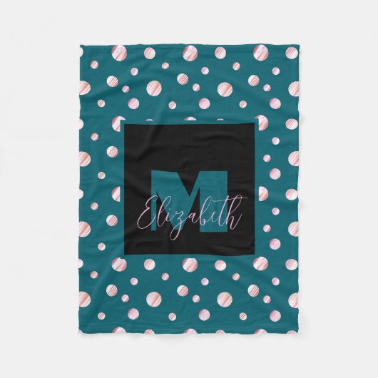 Blauw monogram Aangepaste naam Polka Dots Geometri Fleece Deken (Voorkant)