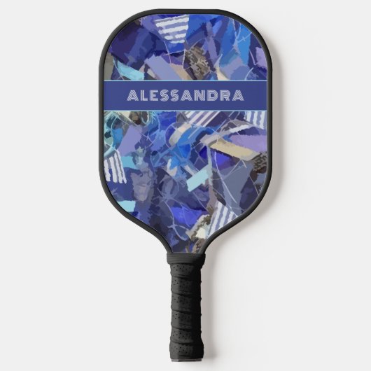 Blauw monogram abstract patroon paarse witte stree pickleball paddle (Voorkant)