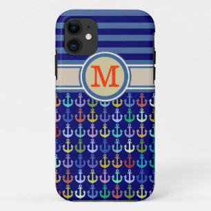 Blauw monogram, ankers en strepen Case-Mate iPhone case