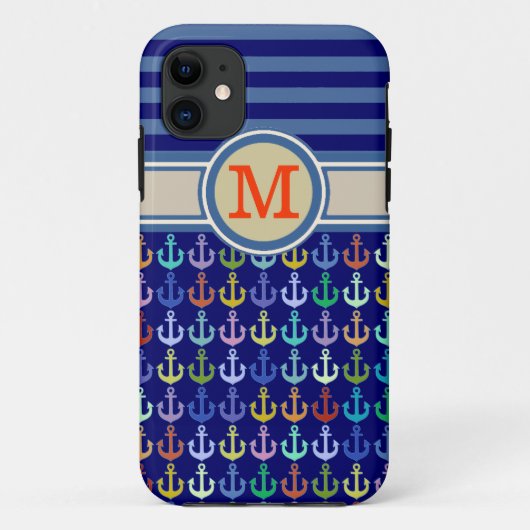Blauw monogram, ankers en strepen Case-Mate iPhone case (Achterkant)