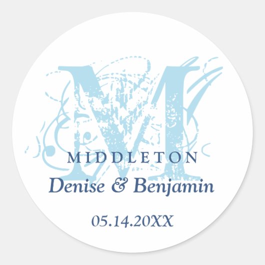 Blauw monogram antiek chic label bruiloft gunst (Voorkant)