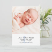 Blauw Monogram Baby Geboorte Aankondiging Fotokaar (Staand voorkant)