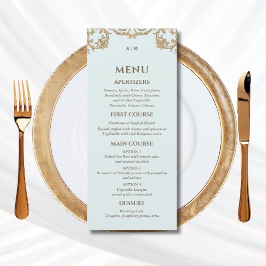 Blauw Monogram Barok Christelijk Trouwmenu Menu