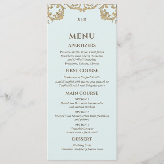 Blauw  Monogram Barok Wedding Menu (Voorkant)